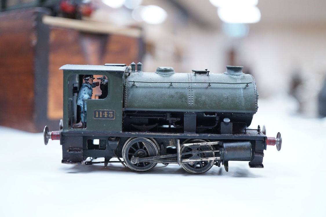 Three EM gauge GWR model railway locomotives scratch built or adapted from kits by John Worsley; 0-4-2T, 5812, 0-4-2T, 1468, and 0-4-0ST, 1143, all well detailed models.